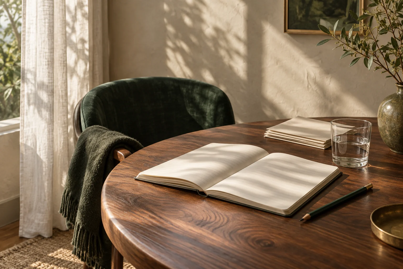 An open notebook and pencil on a sunlit table, with space to collect questions.
