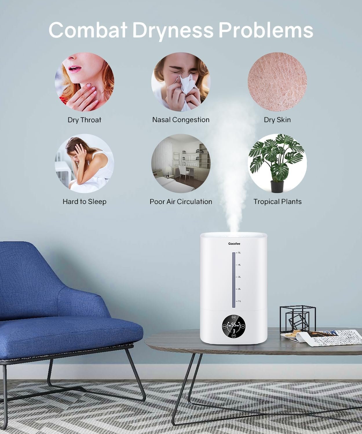 5L Humidifiers for Bedroom, Qacofee Humidifier, Whisper-Quiet Air Humidifier for 50H Runtime, Auto Shut-Off Ultrasonic Humidifiers for Home, Baby, Plant, Nursery, Easy to Fill and Clean 5L Humidifiers for Bedroom, Qacofee Humidifier, Whisper-Quiet Air Humidifier for 50H Runtime, Auto Shut-Off Ultrasonic Humidifiers for Home, Baby, Plant, Nursery, Easy to Fill and Clean
