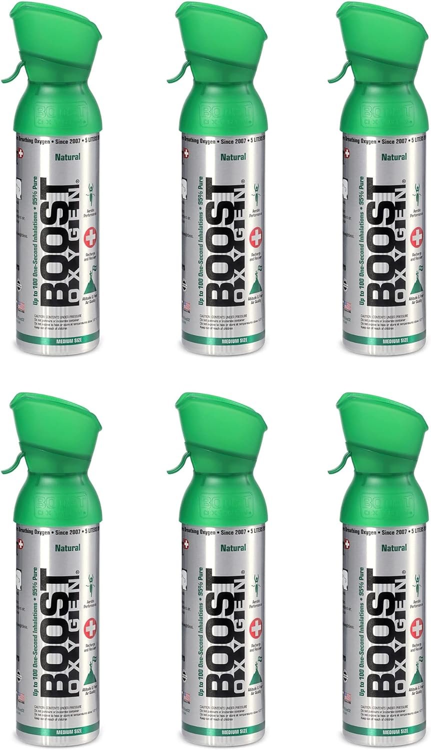 Boost Oxygen 5 Liter Natural Aroma Canister for Respiratory Support in Aerobic Recovery, High Altitude, Performance, and Health, Green/Silver (6 Pack) Boost Oxygen 5 Liter Natural Aroma Canister for Respiratory Support in Aerobic Recovery, High Altitude, Performance, and Health, Green/Silver (6 Pack)