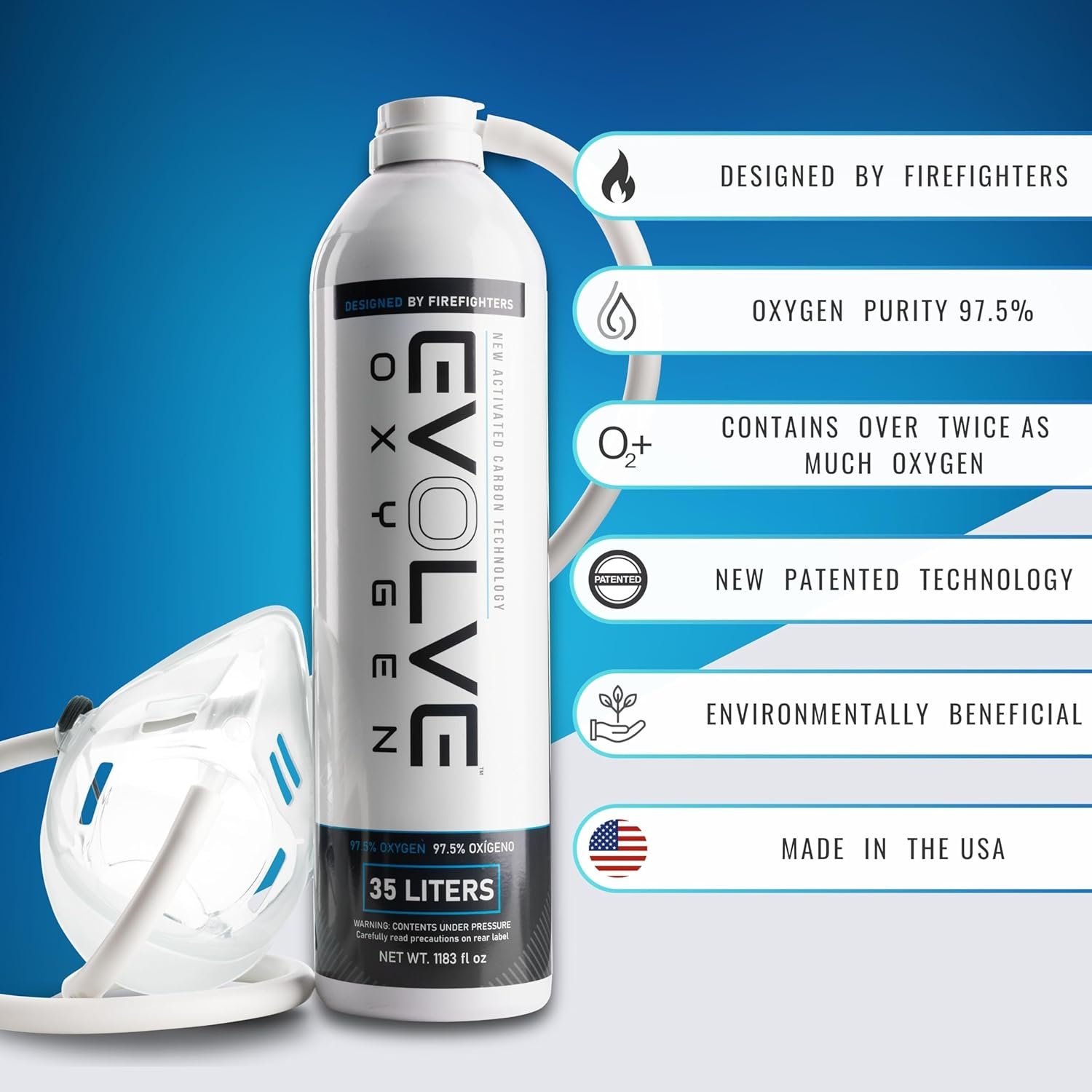 EVOLVE 35-Liter Pure Oxygen Canister with Mask and Tube | Portable Oxygen Can | Ideal for Home Use and Outdoor Activities | Designed by Firefighters | Made in The USA | Pack of 1