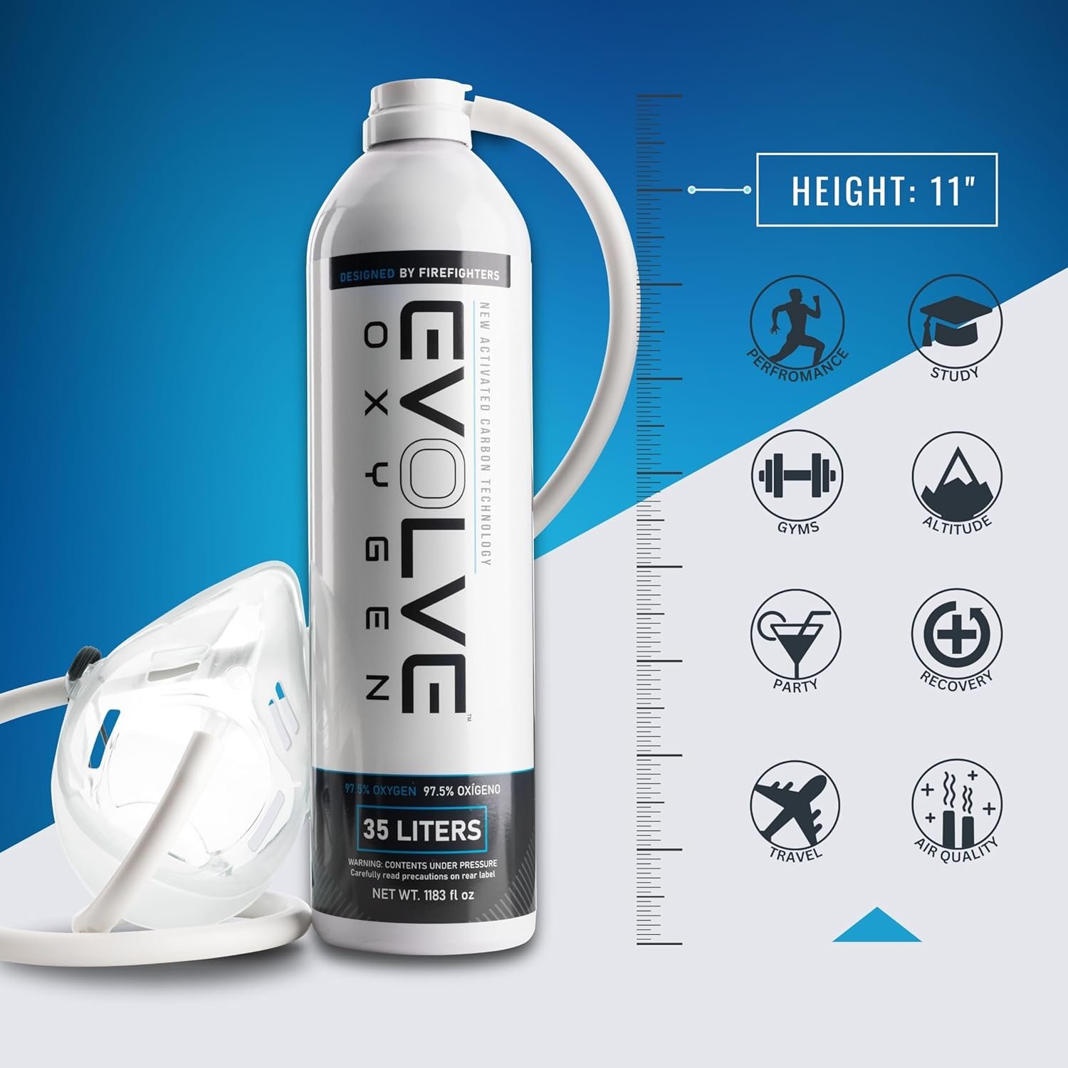 EVOLVE 35-Liter Pure Oxygen Canister with Mask and Tube | Portable Oxygen Can | Ideal for Home Use and Outdoor Activities | Designed by Firefighters | Made in The USA | Pack of 1