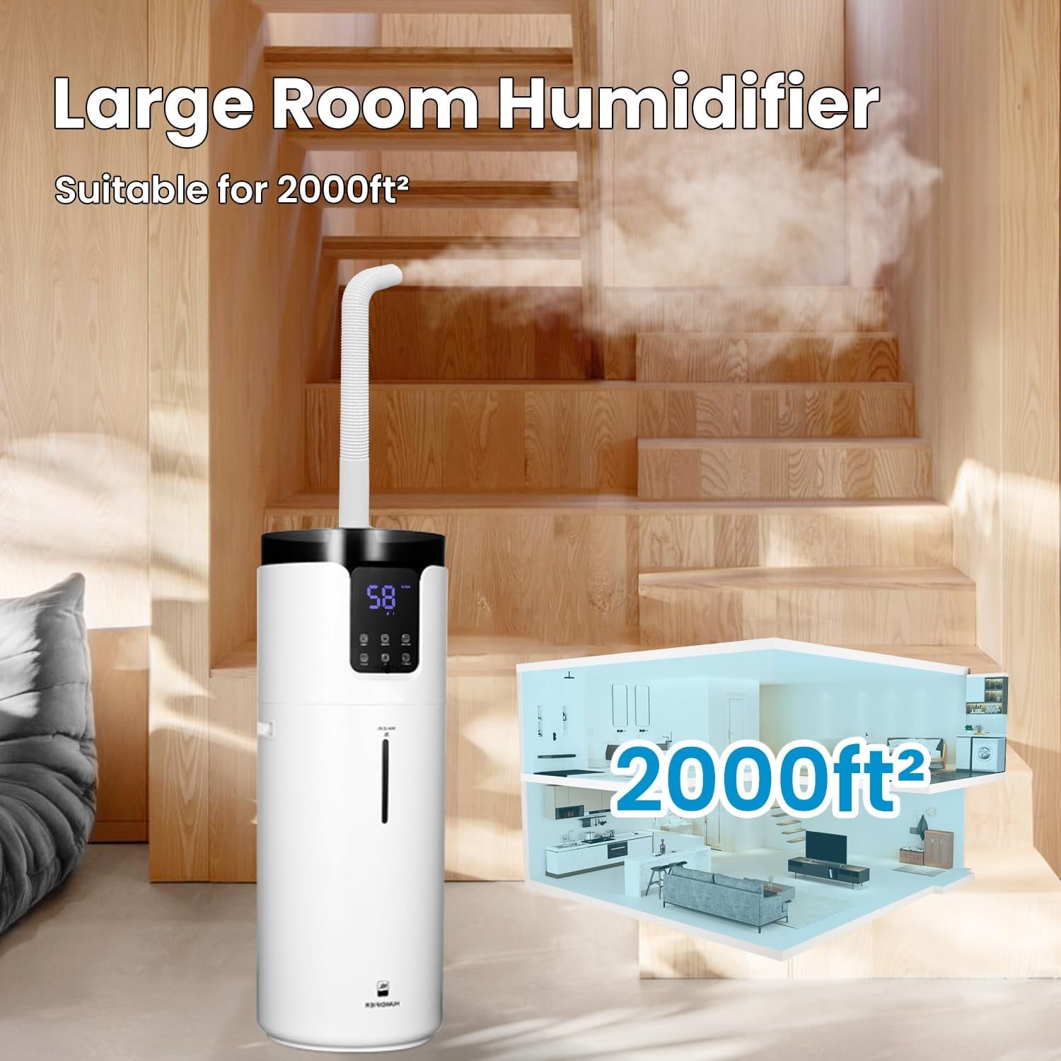 Humidifiers for Large Room Home, 4.2Gal/16L Quiet Large Humidifiers Whole House 2000 sq.ft, Cool Mist Top Fill Floor Humidifiers with Essential Oil Tray, Extension Tube, 4 Mist Modes, Remote