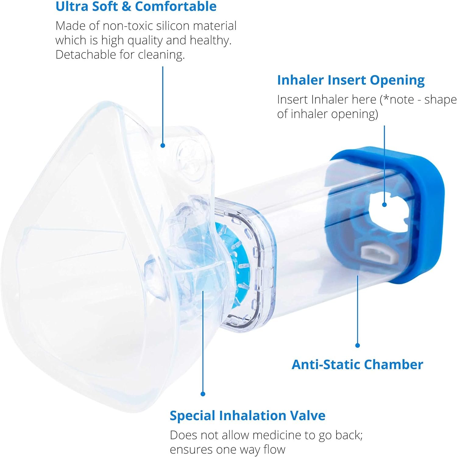 Inhaler Spacer for Adults, Aerochamber Spacer with Comfortable Adult Face Mask, Spacer for Inhaler MDI, Improves Pump Aeroflow Chamber Delivery for Asthma, Blue Inhaler Spacer for Adults, Aerochamber Spacer with Comfortable Adult Face Mask, Spacer for Inhaler MDI, Improves Pump Aeroflow Chamber Delivery for Asthma, Blue