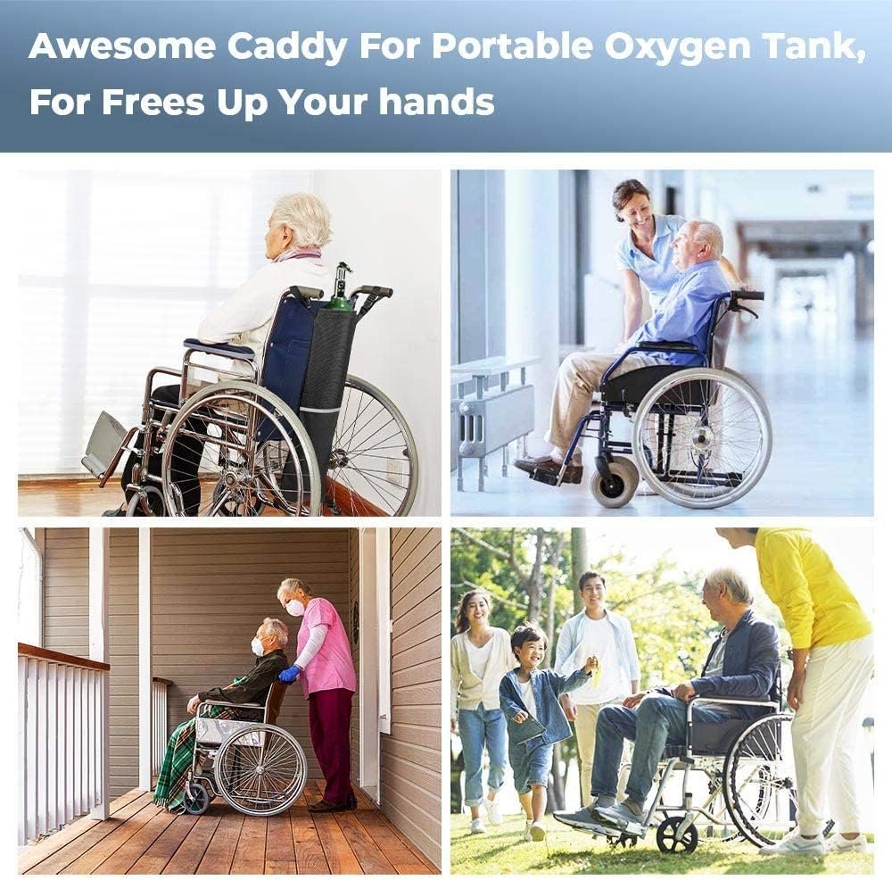 Issyzone Dual Oxygen Tank Holder for Wheelchair, Oxygen Cylinder Bag, with Nice Mesh Storage Pocket Fits D and E Oxygen Tanks
