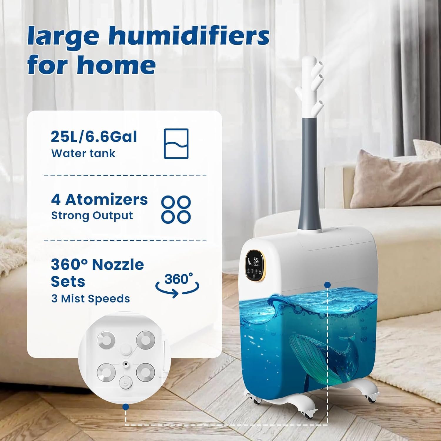 Lacidoll Humidifiers for Large Room Home, 6.6Gal/25L Large Humidifier Whole House Humidifier 3000 sq.ft, Cool Mist Top Fill Floor Commercial and Industrial Humidifiers, 360° Nozzle Sets, 3 Speed