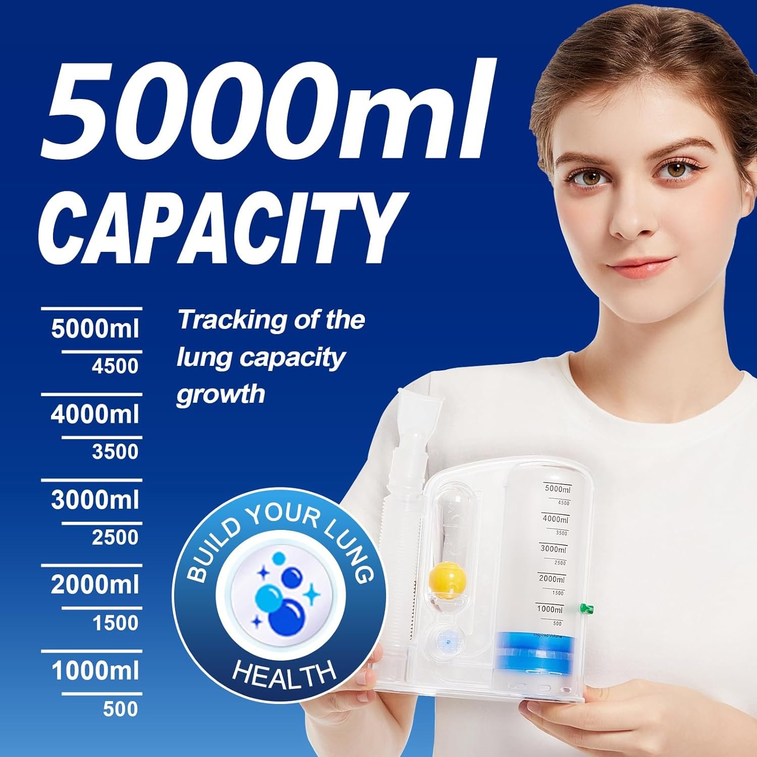 Lung Exerciser Device, Breathing Trainer - 5000ML Inhale Volume Measurement, Equipped with Ball Flow Rate Indicator  Scale Indicator