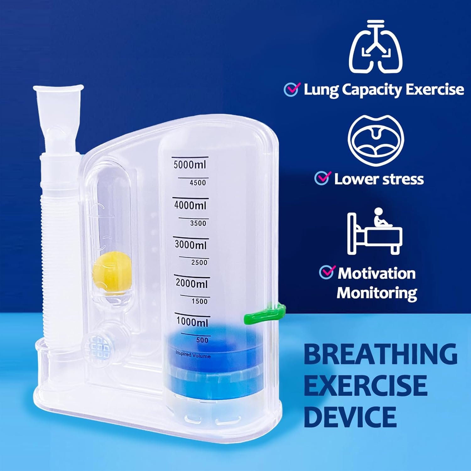 Lung Exerciser Device, Breathing Trainer - 5000ML Inhale Volume Measurement, Equipped with Ball Flow Rate Indicator  Scale Indicator