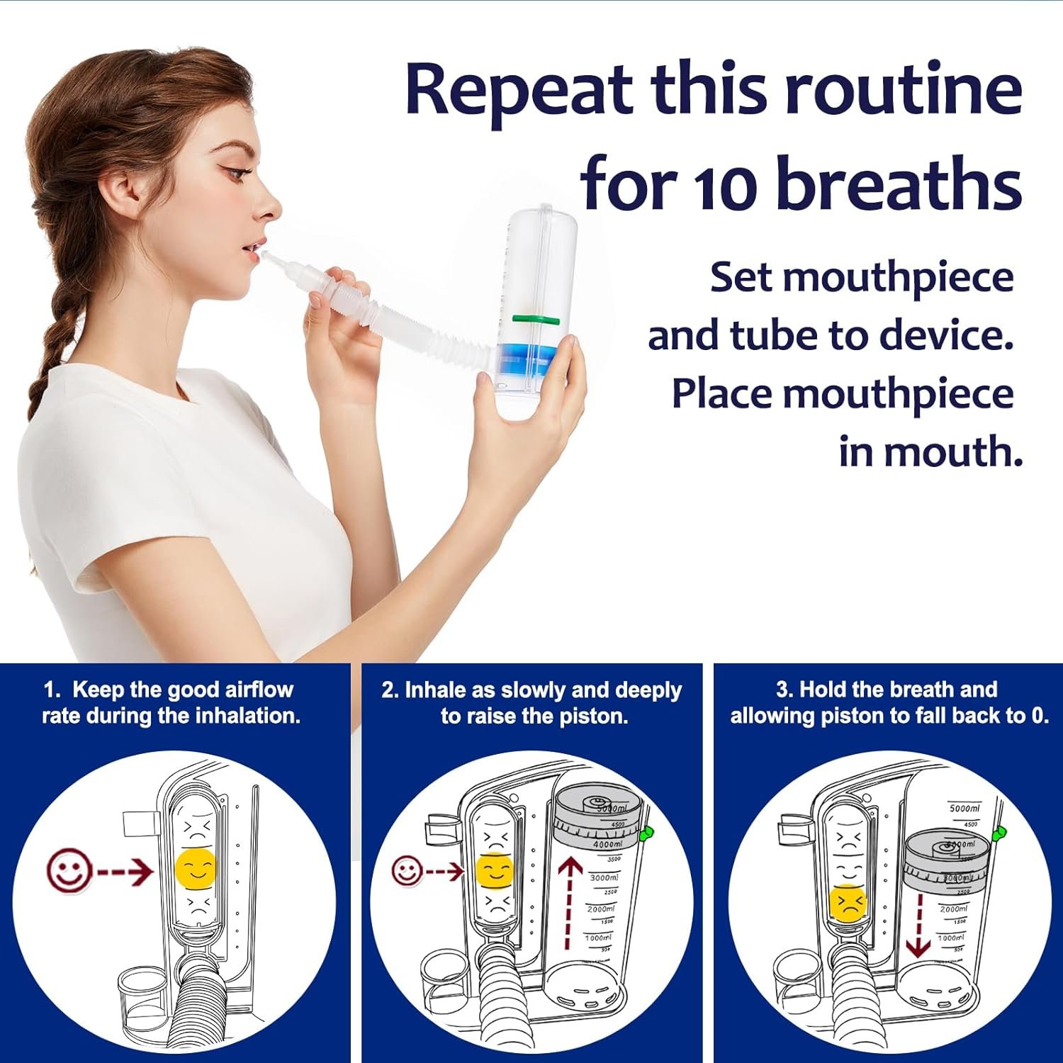 Lung Exerciser Device, Breathing Trainer - 5000ML Inhale Volume Measurement, Equipped with Ball Flow Rate Indicator  Scale Indicator