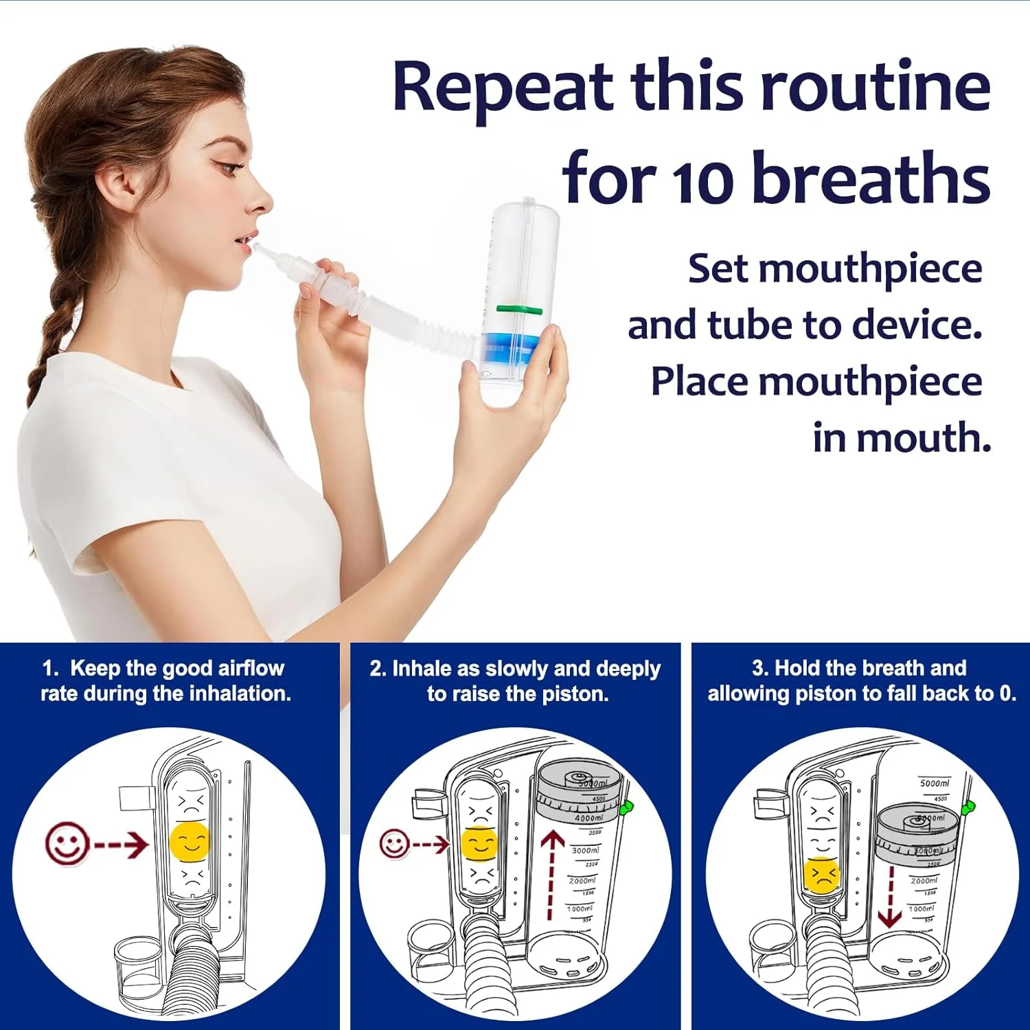 Lung Exerciser Device, Breathing Trainer - 5000ML Inhale Volume Measurement, Equipped with Ball Flow Rate Indicator  Scale Indicator