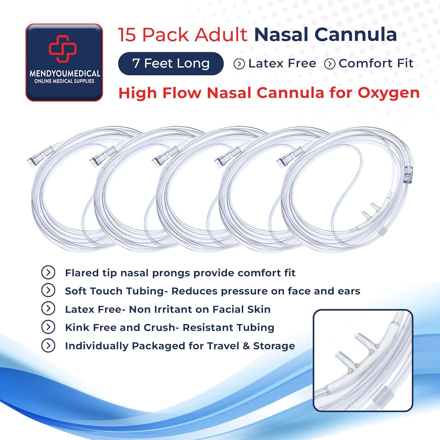 Mend You Medical Adult Flared Tip - Nasal Oxygen Cannula, 7 Foot Tubing, Latex Free, Universal Connector, Soft Kink Resistant Clear Air Tubing, Oxygen Cannula for Adults (Pack of 5)