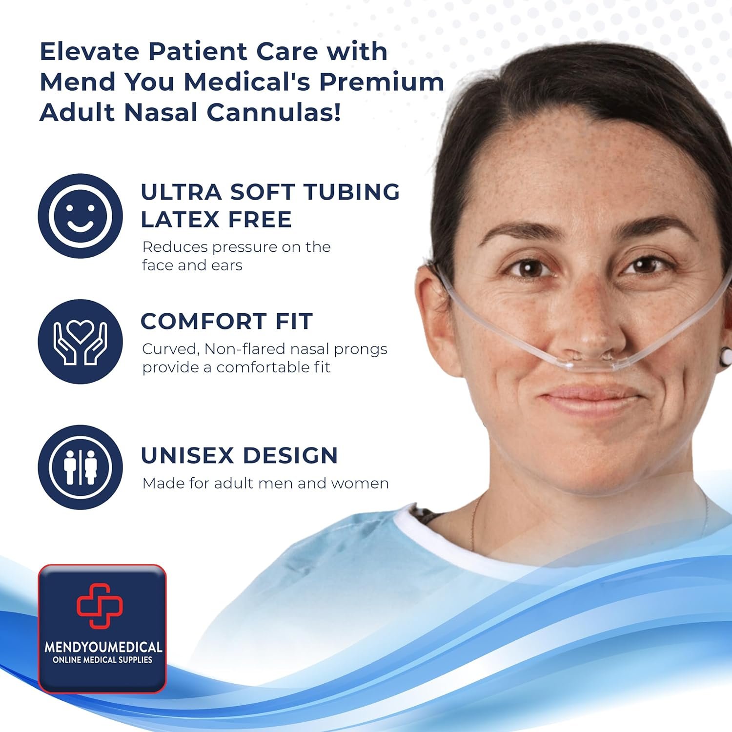 Mend You Medical Adult Flared Tip - Nasal Oxygen Cannula, 7 Foot Tubing, Latex Free, Universal Connector, Soft Kink Resistant Clear Air Tubing, Oxygen Cannula for Adults (Pack of 5)