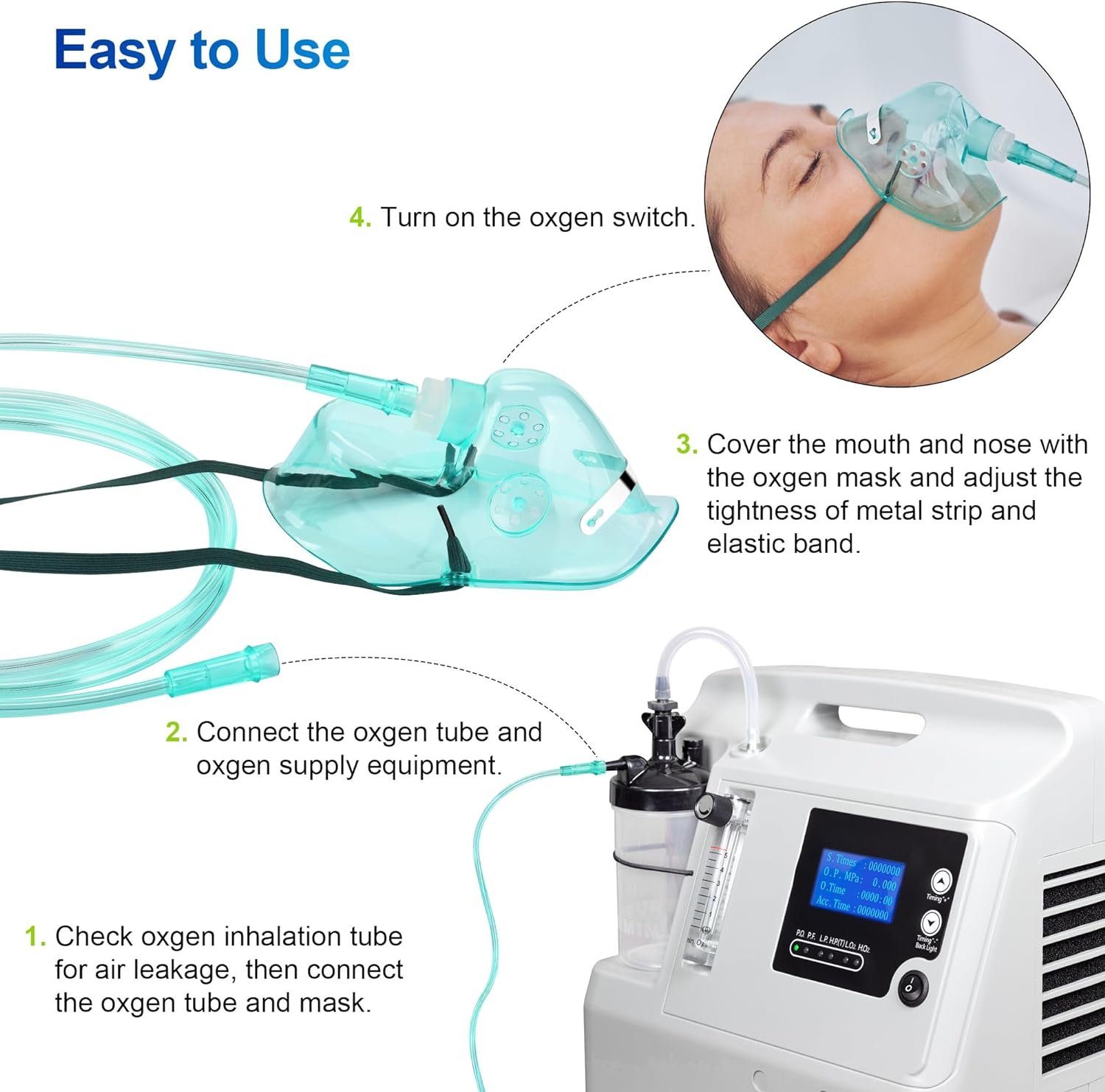 Oxygen Mask for Face Adult with 6.6 Tube and Adjustable Elastic Strap-2 Packs - Size L