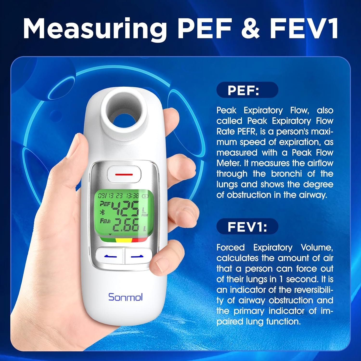 Peak Flow Meter with Bluetooth APP Spirometer for Asthma COPD Monitor PEF FEV1 Home Medical 300 Records Kids Adults Peak Flow Meter with Bluetooth APP Spirometer for Asthma COPD Monitor PEF FEV1 Home Medical 300 Records Kids Adults