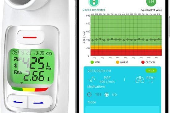 peak flow meter with bluetooth app spirometer for asthma copd monitor pef fev1 home medical 300 records kids adults