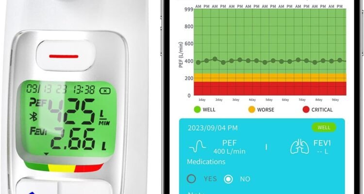 peak flow meter with bluetooth app spirometer for asthma copd monitor pef fev1 home medical 300 records kids adults
