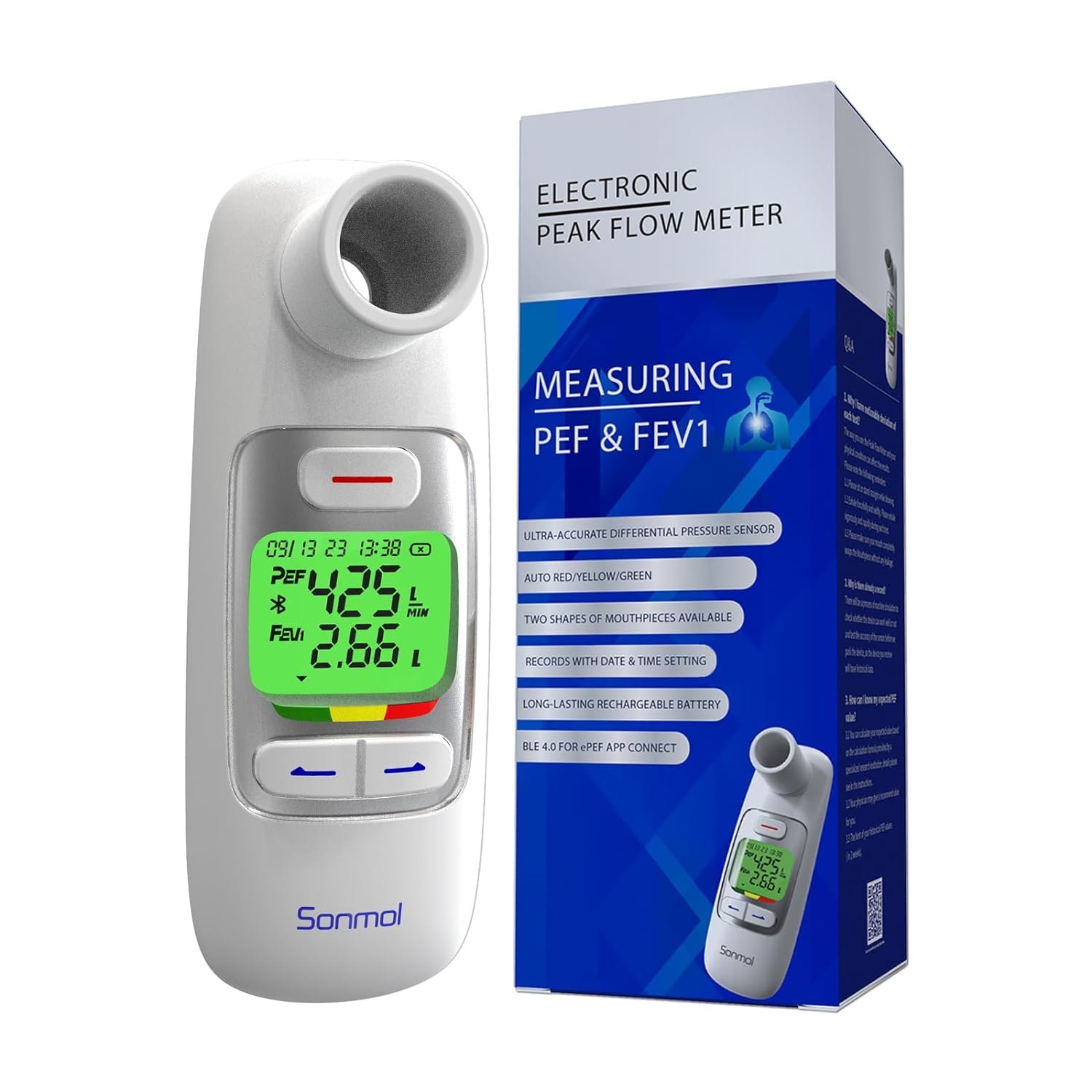 Peak Flow Meter，Portable Peak Flow Meter Test PEF  FEV1 for Kids Adults Asthma COPD  Other Lung Conditions Monitor, Free Tracking App Bluetooth Connection
