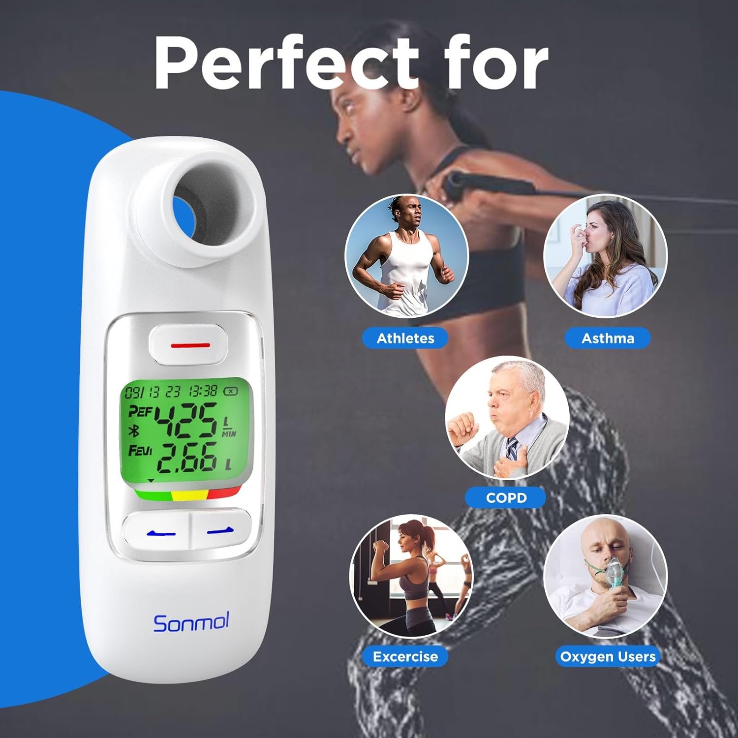 Peak Flow Meter，Portable Peak Flow Meter Test PEF  FEV1 for Kids Adults Asthma COPD  Other Lung Conditions Monitor, Free Tracking App Bluetooth Connection