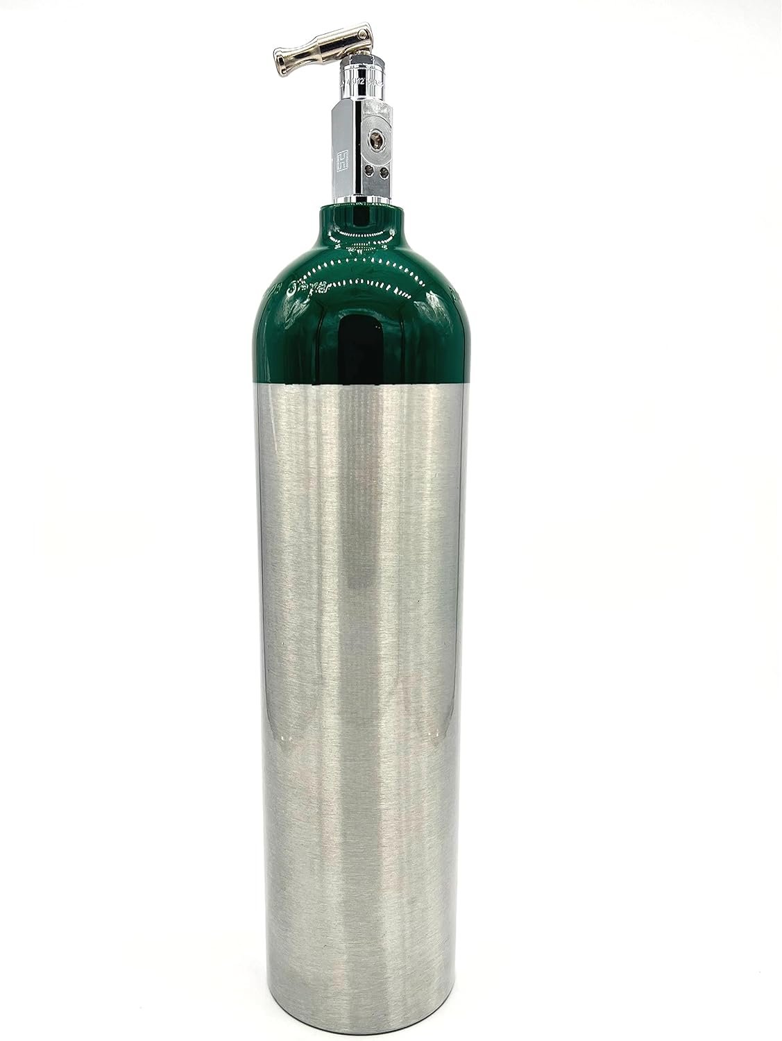 ResOne Portable Aluminum Medical Oxygen Cylinder, D Size, with CGA-870 Toggle Valve for Medical Use - Non-Sparking, Green Dome, Brushed Finish, 14.3 cf, Ships Empty, Prescription Required to Fill