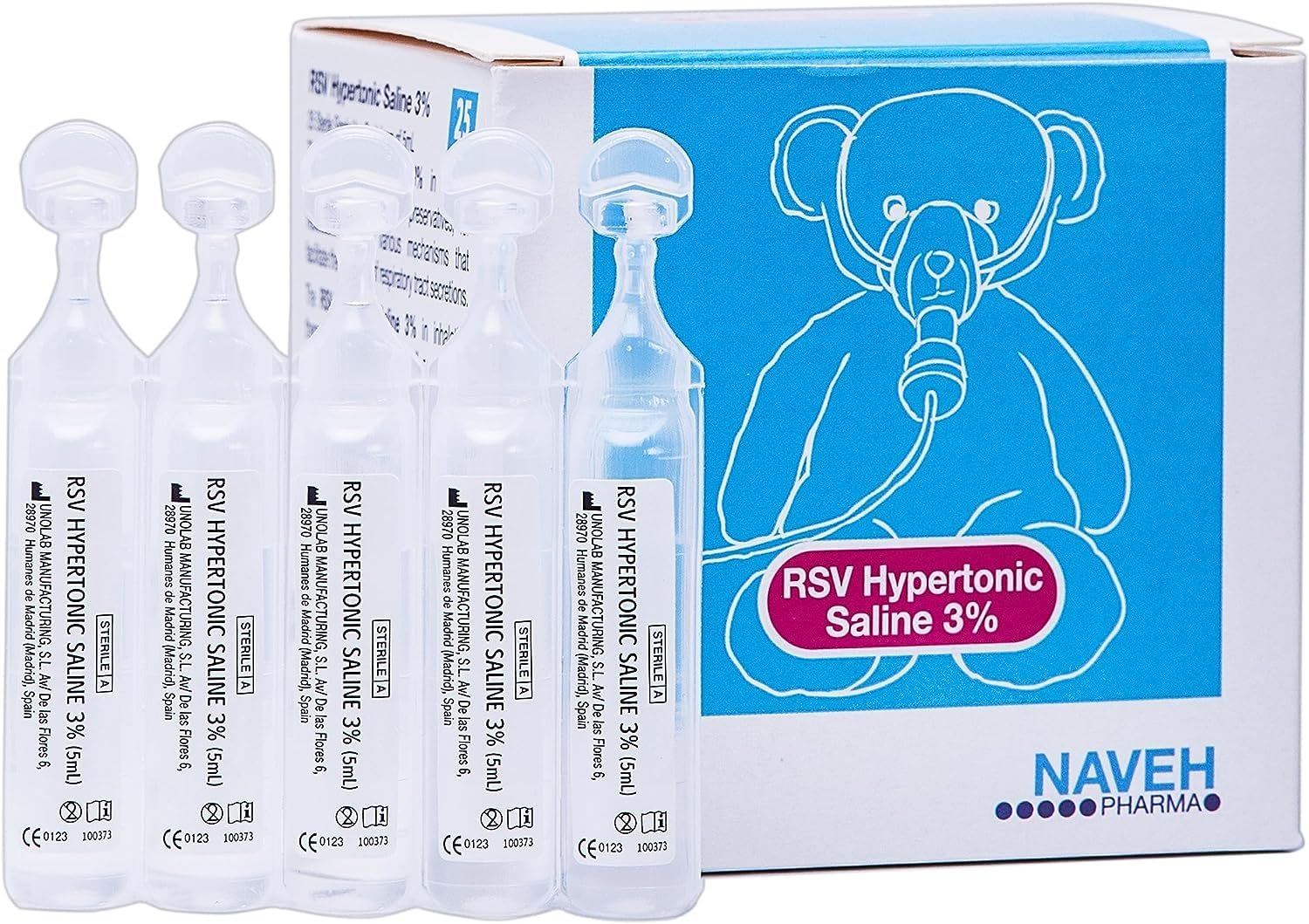 RSV Hypertonic Saline Solution 3% - Nebulizer diluent for inhalators and nasal hygiene devices Helps Clear Congestion from Airways and Lungs – Reduce Mucus (25 Sterile Saline Bullets of 0.17 Fl Oz)