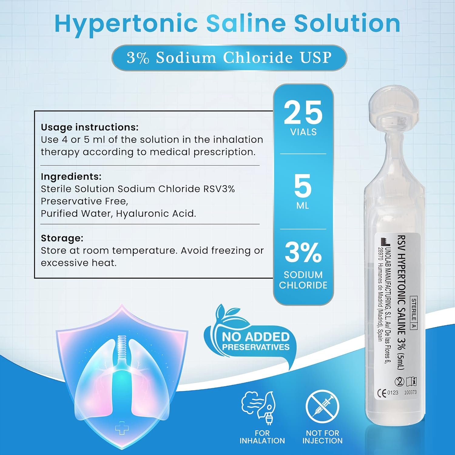 RSV Hypertonic Saline Solution 3% - Nebulizer diluent for inhalators and nasal hygiene devices Helps Clear Congestion from Airways and Lungs – Reduce Mucus (25 Sterile Saline Bullets of 0.17 Fl Oz)