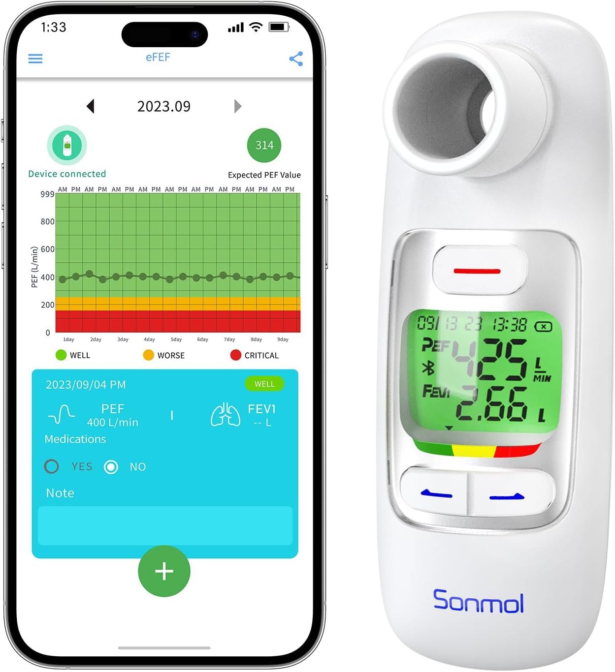 Upgraded Digital Peak Flow Meter for Asthma Adult, Kids w/Green LCD Display, Home Spirometer Testing Device with Bluetooth APP for Smart Asthma Monitoring