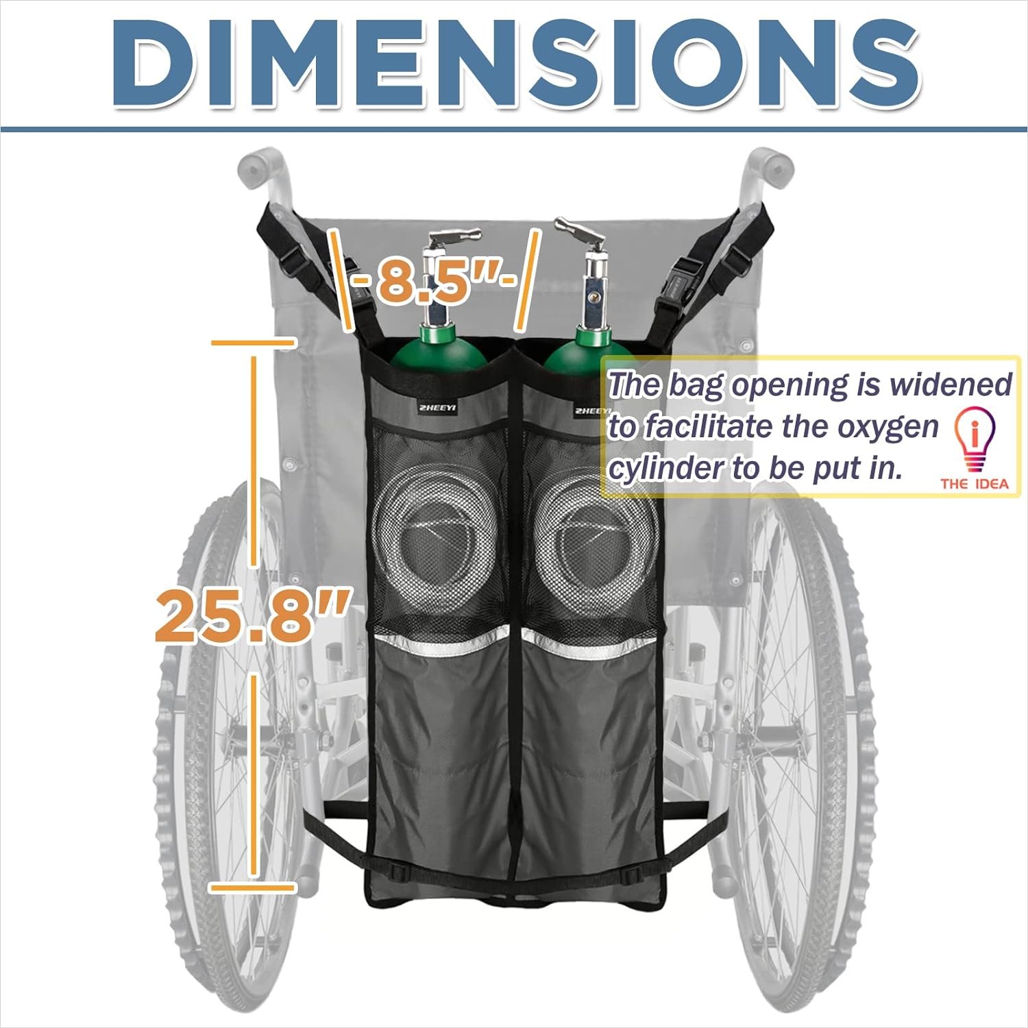 ZHEEYI Oxygen Cylinder Bag for Wheelchair Portable Oxygen Tank Holder with Adjustable Straps  Zippers Blue