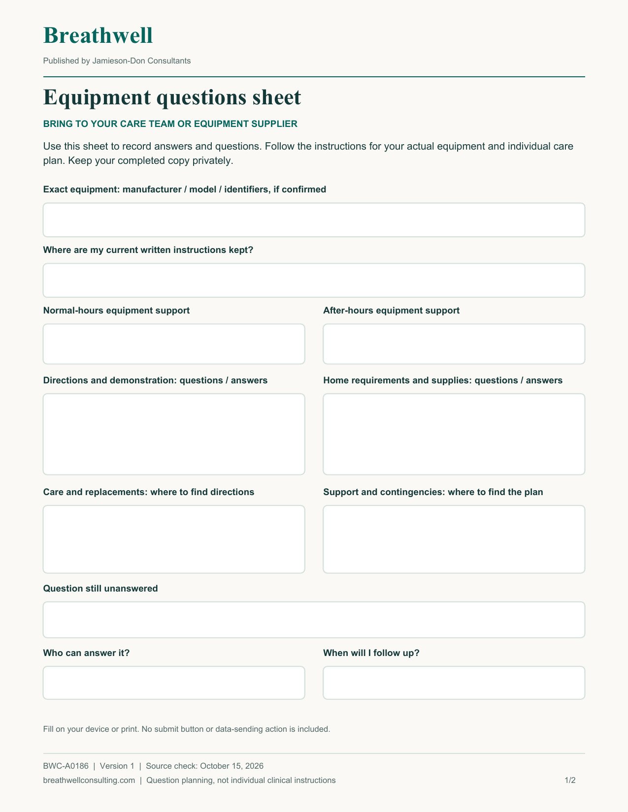 Preview of the blank Breathwell equipment questions sheet, with spaces for device identification, written directions, support contacts and follow-up questions.